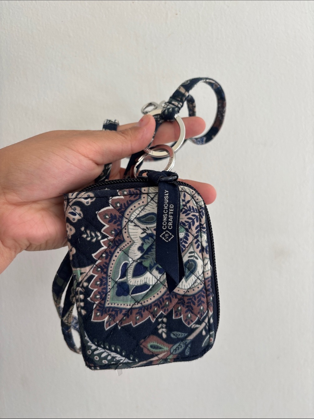 Vera Bradley Navy Pink Green Paisley Zip Keychain Wallet